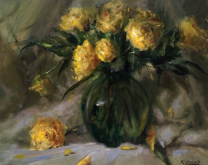 Yellow Roses in Green Vase