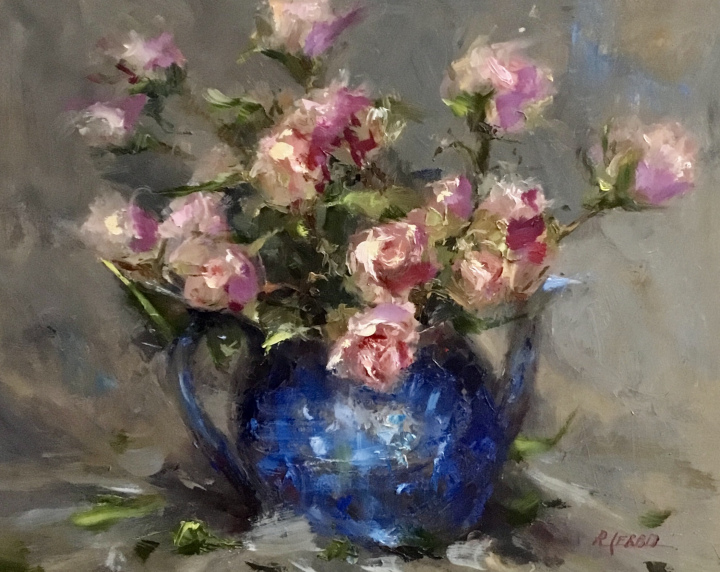 BLUE T-POT WITH BABY ROSES